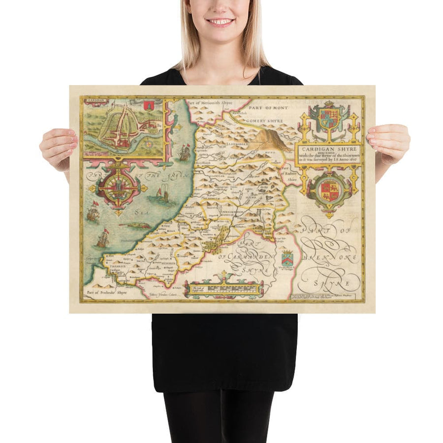 Ancienne Carte de Ceredigion Galles, 1611 par John Vitesse - Cardiganshire, Aberystwyth, Cardigan