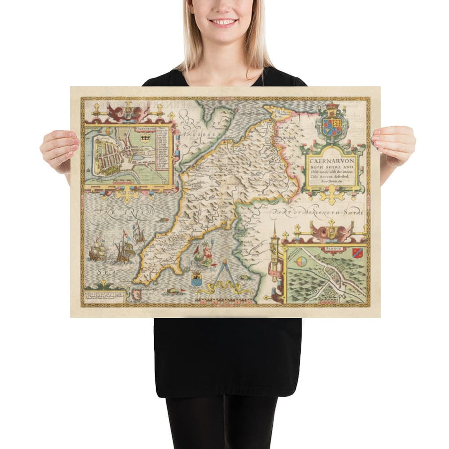 Ancienne carte du Pays de Galles Caernarfonshire, 1611 par John Speed - Caernarfon, Snowdon, Gwynedd, Bangor, Conwy, Llandudno