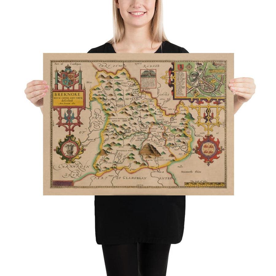 Ancienne carte de Brecon Wales, 1611 par John Speed - Beacons, Crickhowell, Powys, Trecastle