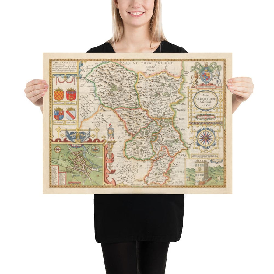 Ancienne carte de Derbyshire, 1611 par John Speed ​​- Derby, Chesterfield, Buxton, Peak District