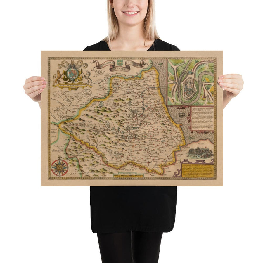 Ancienne carte du comté Durham, 1611 par John Speed ​​- Darlington, Stockton-On-Tees, Sunderland