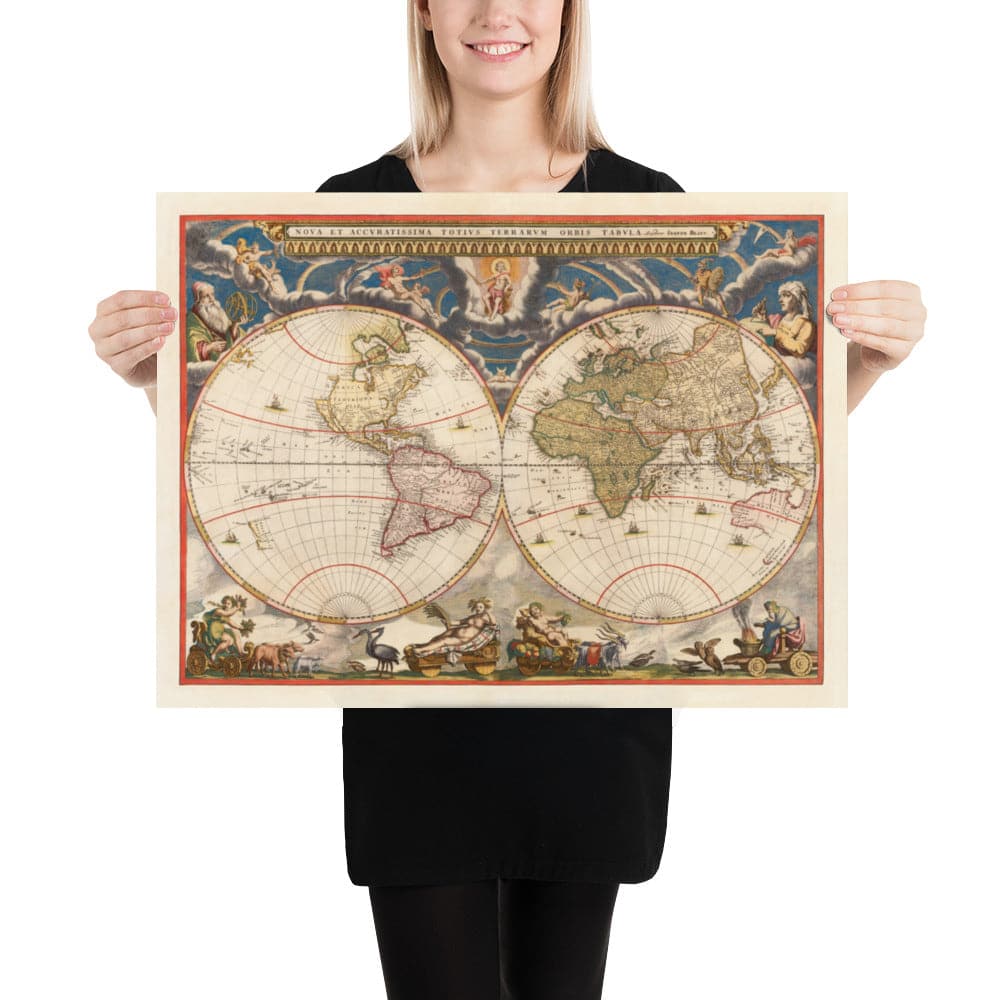 Carte de l'Atlas Old World, 1662 par Joan Blaeu - Rare Art Murcolouillé Vintage Vintage