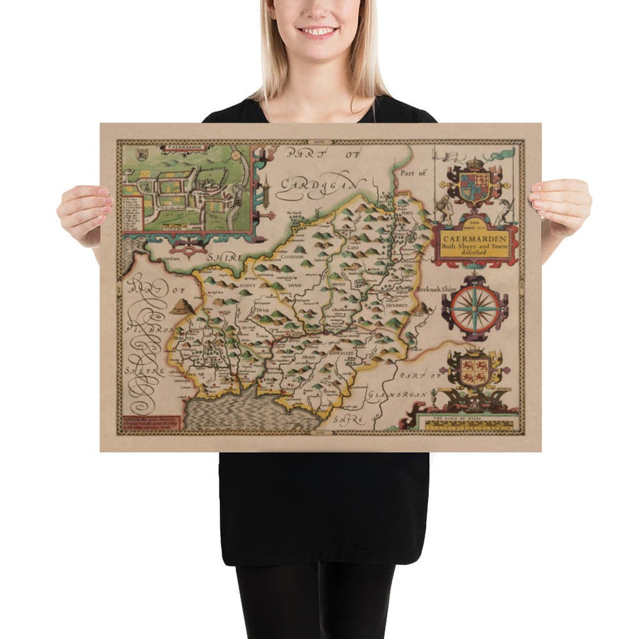 Ancienne carte de Carmarthenshire Galles, 1611 par John Speed ​​- Carmarthen, Llanelli, Llandovery