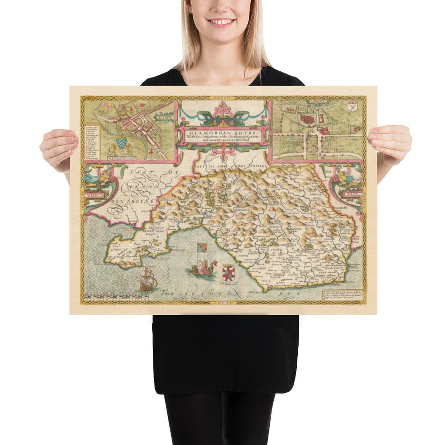 Alte Karte von Glamorgan Wales, 1611 von John Speed - Cardiff, Swansea, Bridgend, Port Talbot, Barry 