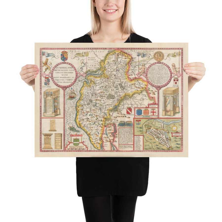 Ancienne carte de Cumbria, 1611 par John Speed ​​- Cumberland, Carlisle, Keswick, Lac District, Windermere