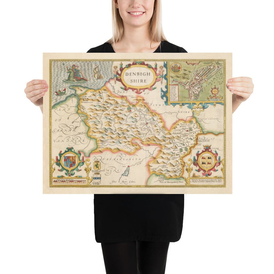 Ancienne Carte de Denbighshire Galles 1611 par John Speed ​​- Denbigh, Wrexham, Llandudno, Abergele