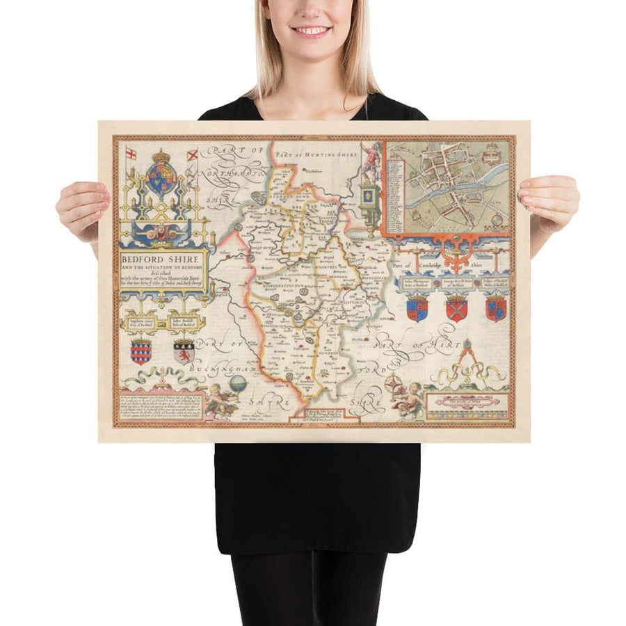 Ancienne carte du Bedfordshire 1611 par John Speed - Bedford, Luton, Dunstable, St Neots, Leighton Buzzard