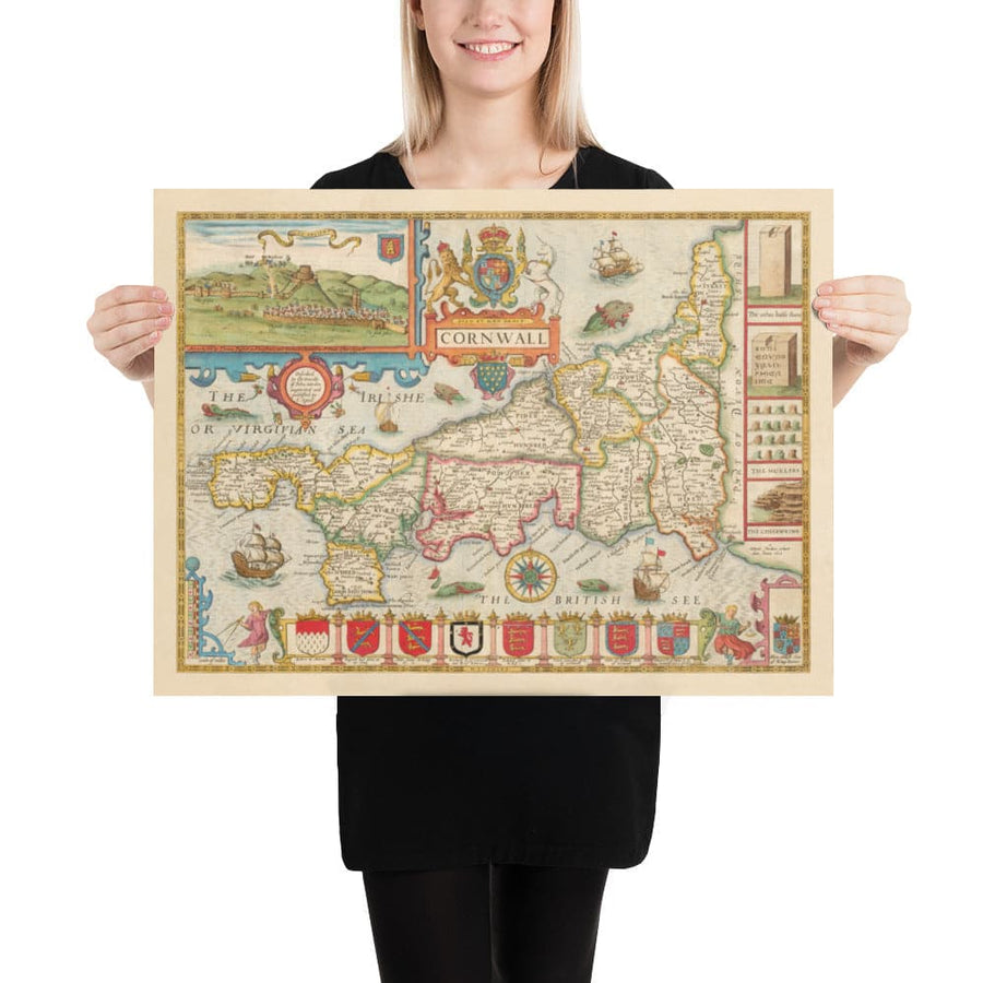 Ancienne carte de Cornwall, 1611 par John Speed ​​- Falmouth, Redruth, St Austell, Truro, Penzance