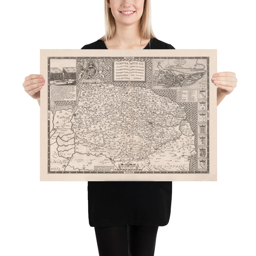 Alte Karte von Norfolk, 1611 von John Speed - Norwich, Great Yarmouth, King&