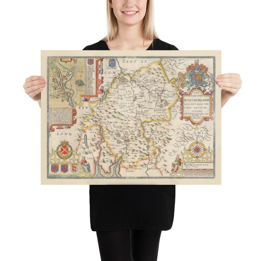 Ancienne carte de Westmorland, 1611 par John Speed ​​- Lac District, Cumbria, Kendal, Windermere, Grasmère