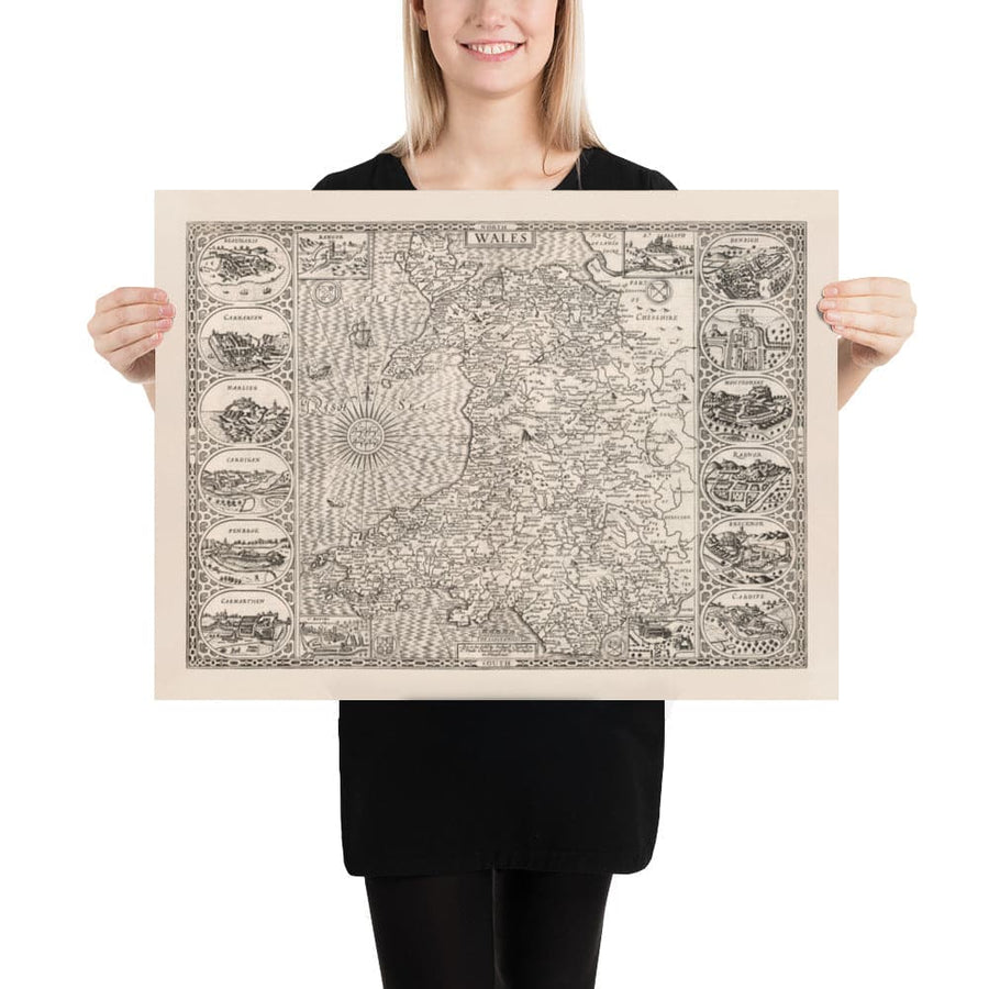 Vecchia mappa monocromatica del Galles, Cymru, 1611 di John Speed - Città, paesi, contee, Cardiff, Pembrokeshire, Anglesey 
