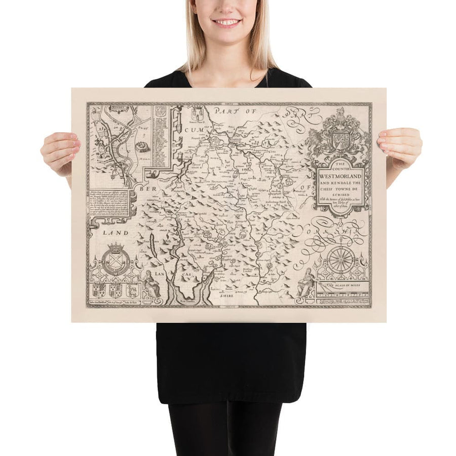 Old Monochrome Carte de Westmorland, 1611 par John Speed ​​- District Lake, Cumbria, Kendal, Windermere, Grasmere