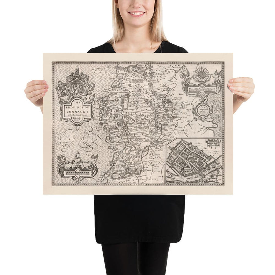 Old Monochrome Carte de Connacht, Irlande 1611 de John Vitesse - Galway, Sligo, Mayo, Leitrim, Clare