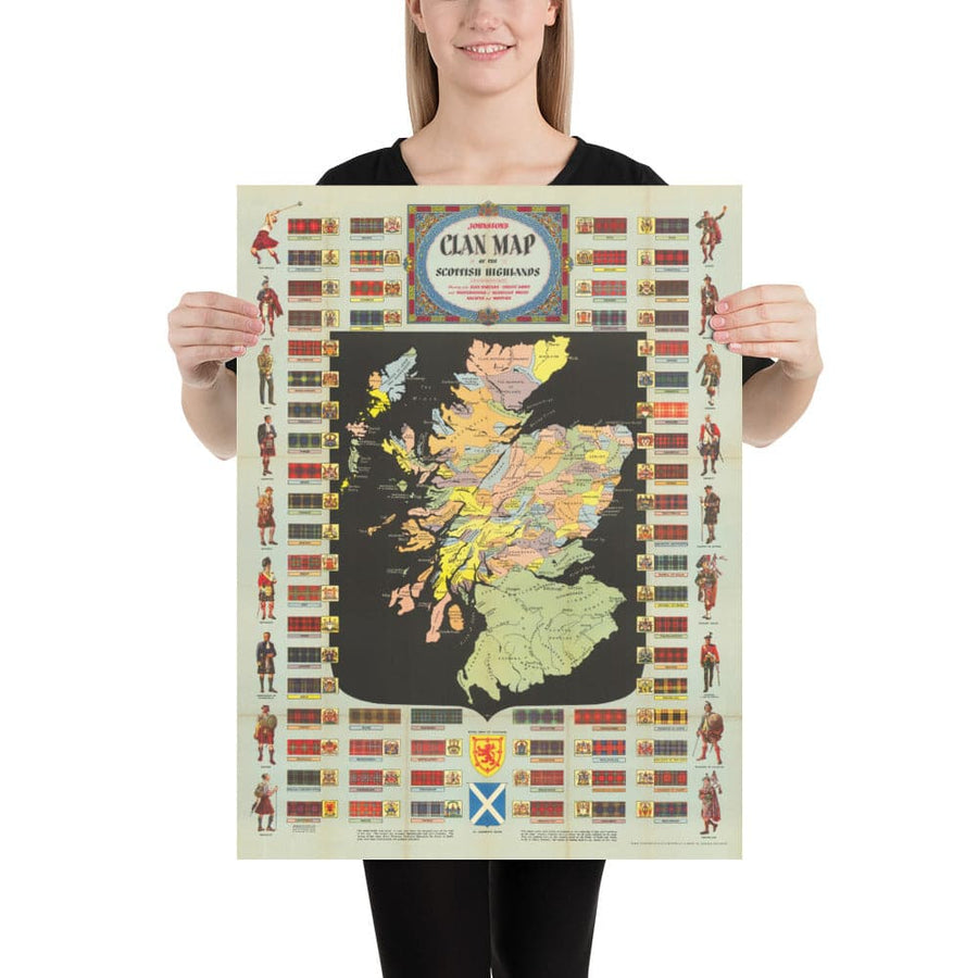 Alte Karte der schottischen Clans und Tartans - Johnstons Highlands & Lowlands Schottische Karte 