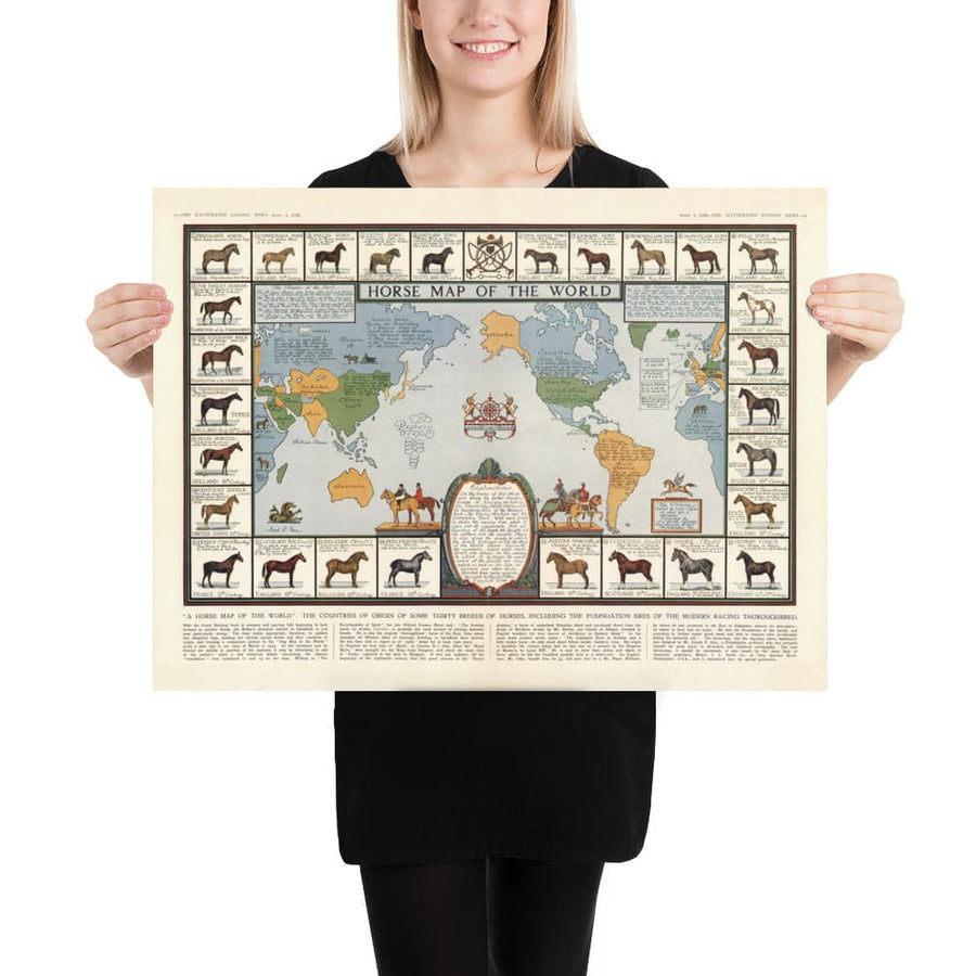 Alte Pferdekarten, 1936 - Alte Weltatlas-Karte mit Ursprüngen der Rassen - Vollblut, Mustang, Shire, Polo-Pony, Araber 