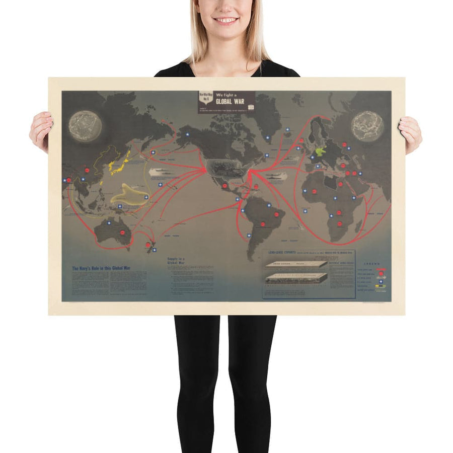 NavWarMap Nr. 6 - Alte Weltkrieg 2 Karte, 1944 - US Navy Bildungs- & Propagandakarte - Maritime Alliierte gegen Nazi-Wandkarte 