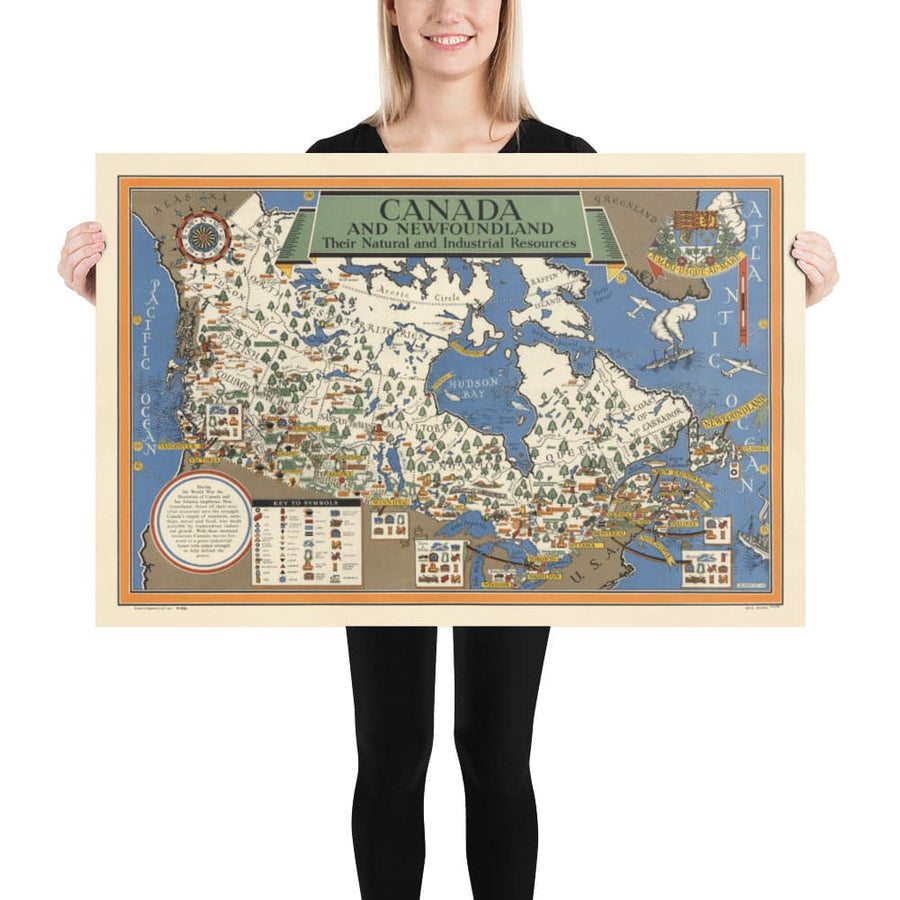 Ancienne carte du Canada, 1942 par Max Gill - Seconde Guerre mondiale 2 Carte des ressources naturelles et industrielles