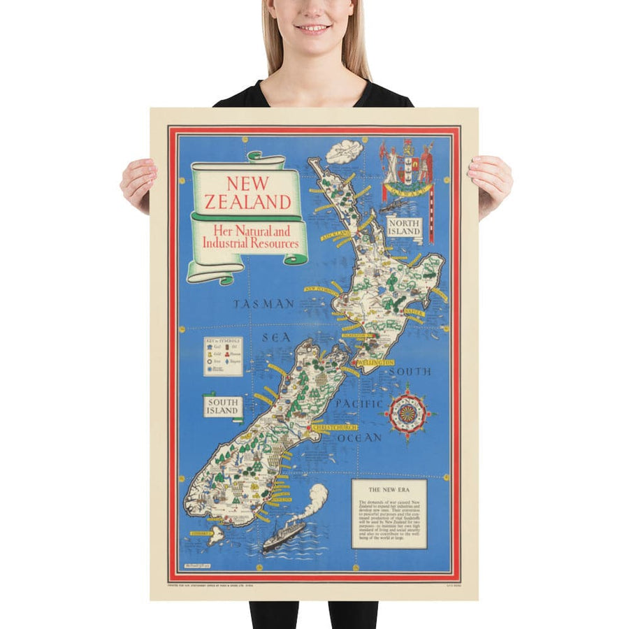 Ancienne Carte de Nouvelle-Zélande, 1943 par Max Gill - Colonial British Empire World Warema Carte