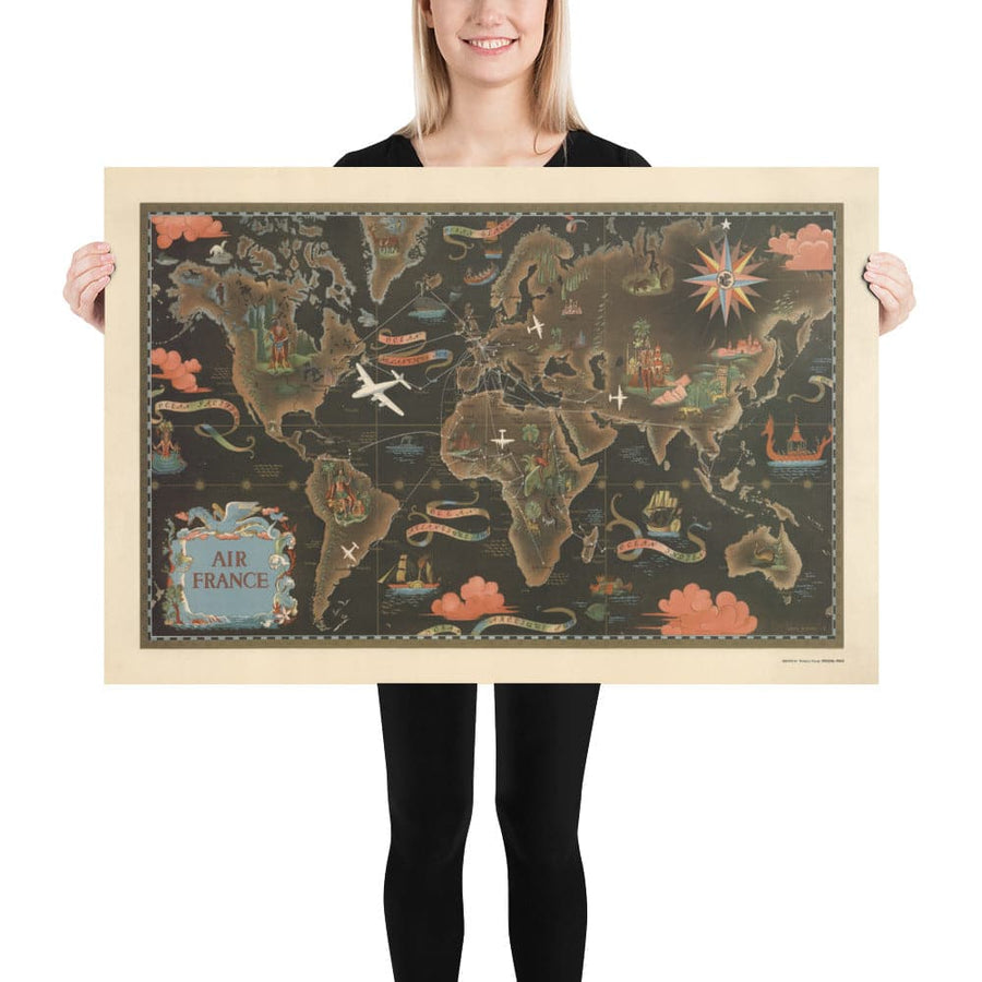 Alte Air France Weltkarte, 1947 von Lucien Boucher - Große Flugrouten-Wandkarte - Historische Fluggesellschaft Kunst 