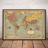 Antiguo mapa Mercator del mundo en 1931 por Ernest Dudley Chase - Monstruos míticos, pirámides, lugares emblemáticos