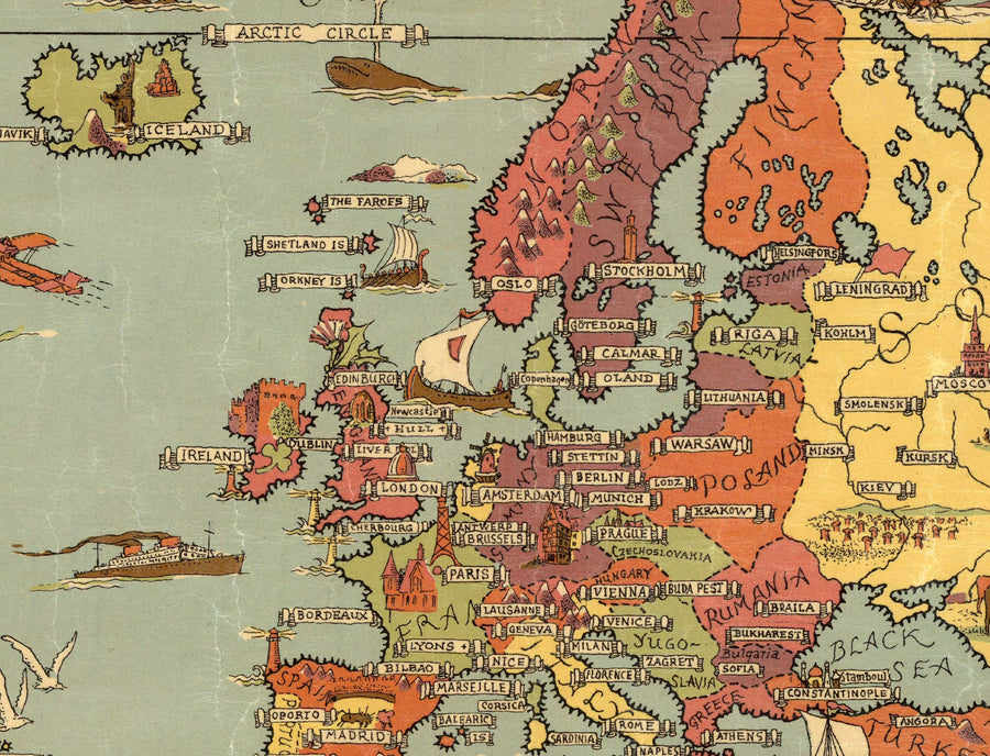 Alte Mercator-Weltkarte von 1931 von Ernest Dudley Chase - Mythische Monster, Pyramiden, Wahrzeichen 