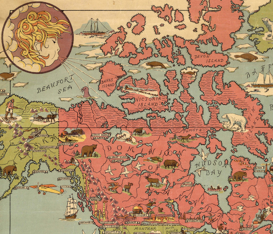 Alte Mercator-Weltkarte von 1931 von Ernest Dudley Chase - Mythische Monster, Pyramiden, Wahrzeichen 