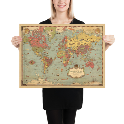 Alte Mercator-Weltkarte von 1931 von Ernest Dudley Chase - Mythische Monster, Pyramiden, Wahrzeichen 