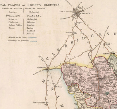 Mapa antiguo de Essex, 1831 por Greenwood & Co. - Southend, Colchester, Chelmsford, Romford, Dagenham, Brentwood, Basildon
