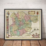 Ancienne carte de l'Essex, 1665 par Joan Blaeu - Southend, Colchester, Chelmsford, Basildon, Romford, Braintree, North London