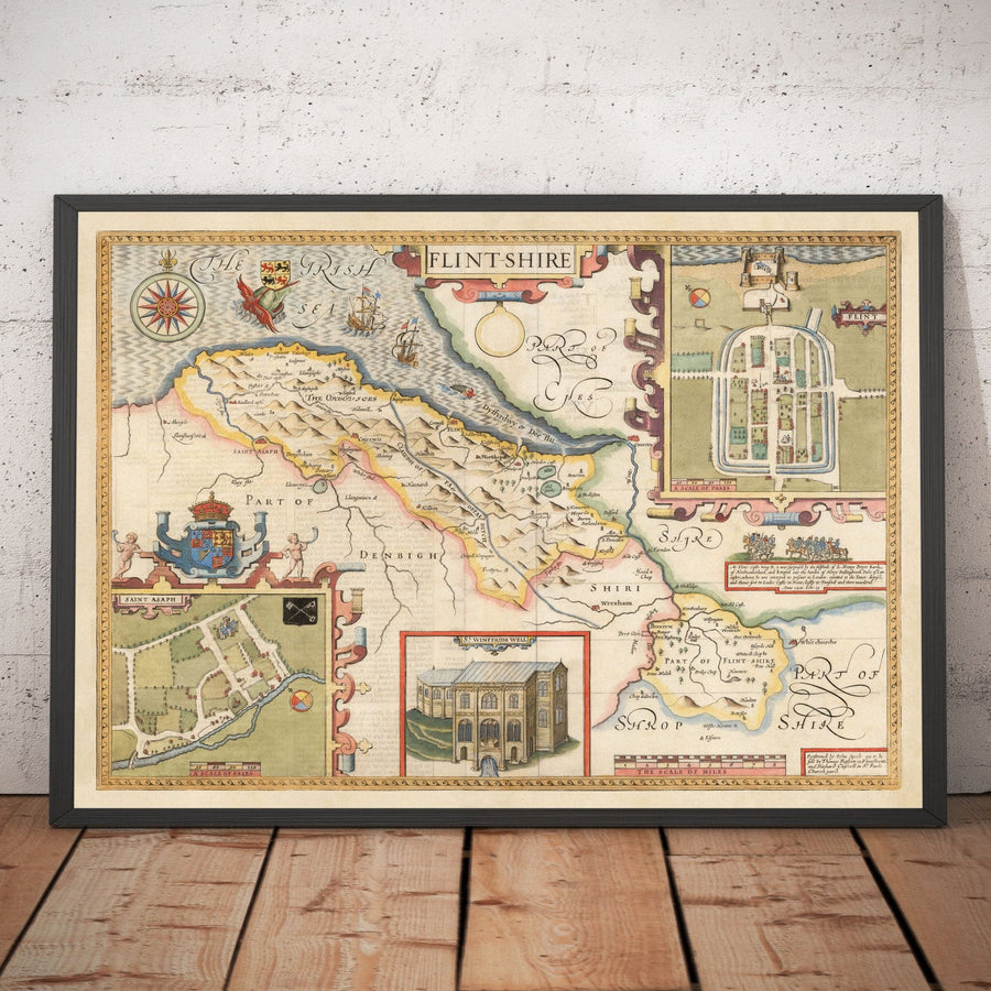 Ancienne carte de Flintshire Wales, 1611 par John Speed ​​- Flint, Molle, Chester, Wrexham