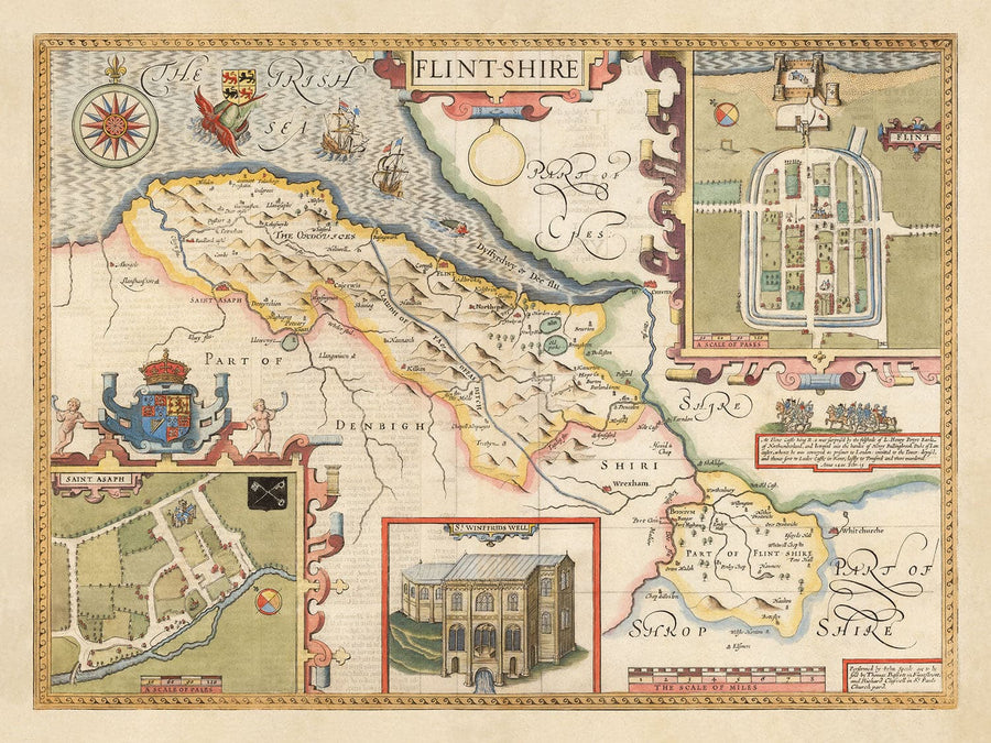 Ancienne carte de Flintshire Wales, 1611 par John Speed ​​- Flint, Molle, Chester, Wrexham