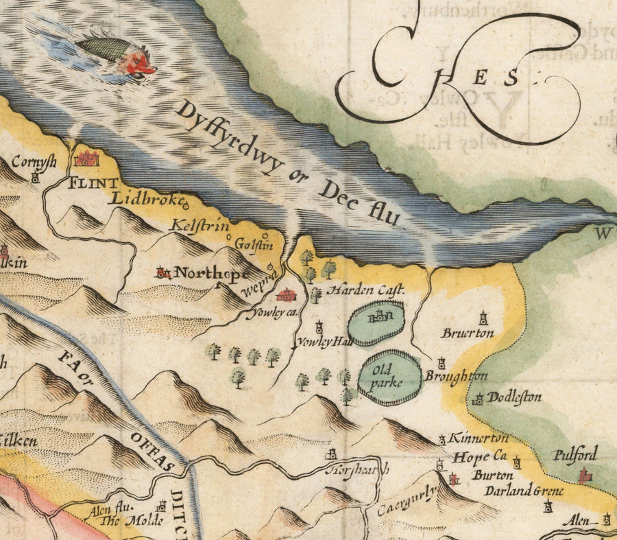 Ancienne carte de Flintshire Wales, 1611 par John Speed ​​- Flint, Molle, Chester, Wrexham