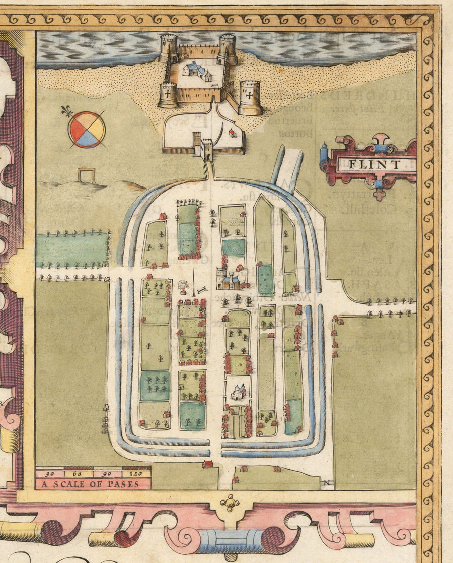 Ancienne carte de Flintshire Wales, 1611 par John Speed ​​- Flint, Molle, Chester, Wrexham