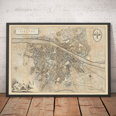 Mapa antiguo de Florencia, Firenze, 1847 por Molini & Ruggieri - Uffizi, Santa Croce, Santo Spirito, Duomo, Piazzas, Palazzos, Ponte Vecchio