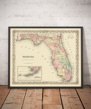 Old Map of Florida in 1855 by Colton - Keys, Panhandle, Jacksonville, Tampa, Dade, Tallahassee, Ft Lauderdale