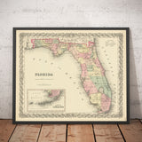 Ancienne carte de Floride en 1855 par Colton - Keys, Panhandle, Jacksonville, Tampa, Dade, Tallahassee, Ft Lauderdale