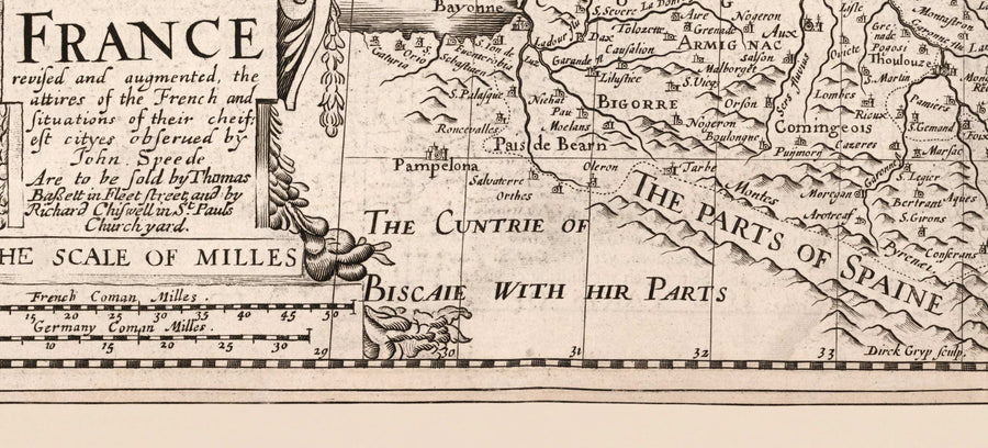 Mappa antica della Francia, 1627 di John Speed - Belgio, Normandia, Bretagna, Costa Azzurra, Pirenei 