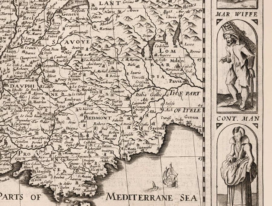 Mappa antica della Francia, 1627 di John Speed - Belgio, Normandia, Bretagna, Costa Azzurra, Pirenei 