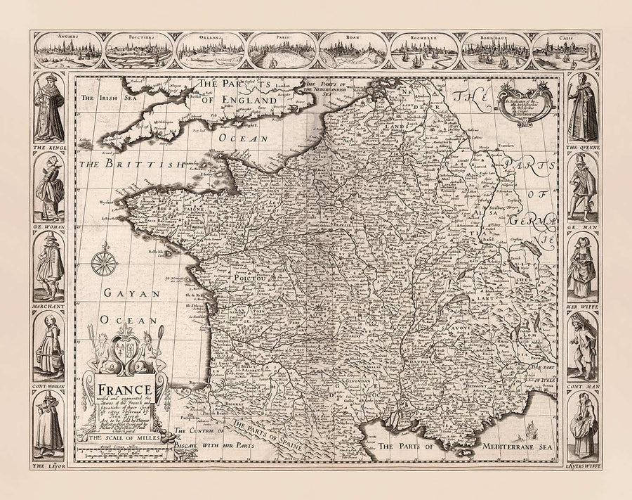Mappa antica della Francia, 1627 di John Speed - Belgio, Normandia, Bretagna, Costa Azzurra, Pirenei 