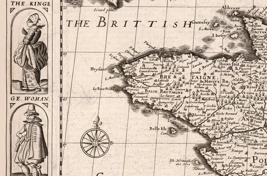 Mappa antica della Francia, 1627 di John Speed - Belgio, Normandia, Bretagna, Costa Azzurra, Pirenei 