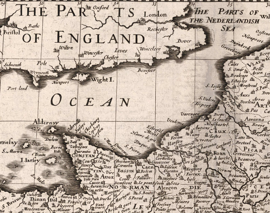 Mappa antica della Francia, 1627 di John Speed - Belgio, Normandia, Bretagna, Costa Azzurra, Pirenei 