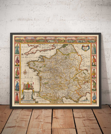 Mappa antica colorata a mano della Francia, 1627 di John Speed - Belgio, Normandia, Bretagna, Costa Azzurra, Pirenei 