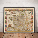 Vieille carte de la France, 1627 de John Speed ​​- Belgique, Normandie, Bretagne, Côte d'Azur, Pyrénées
