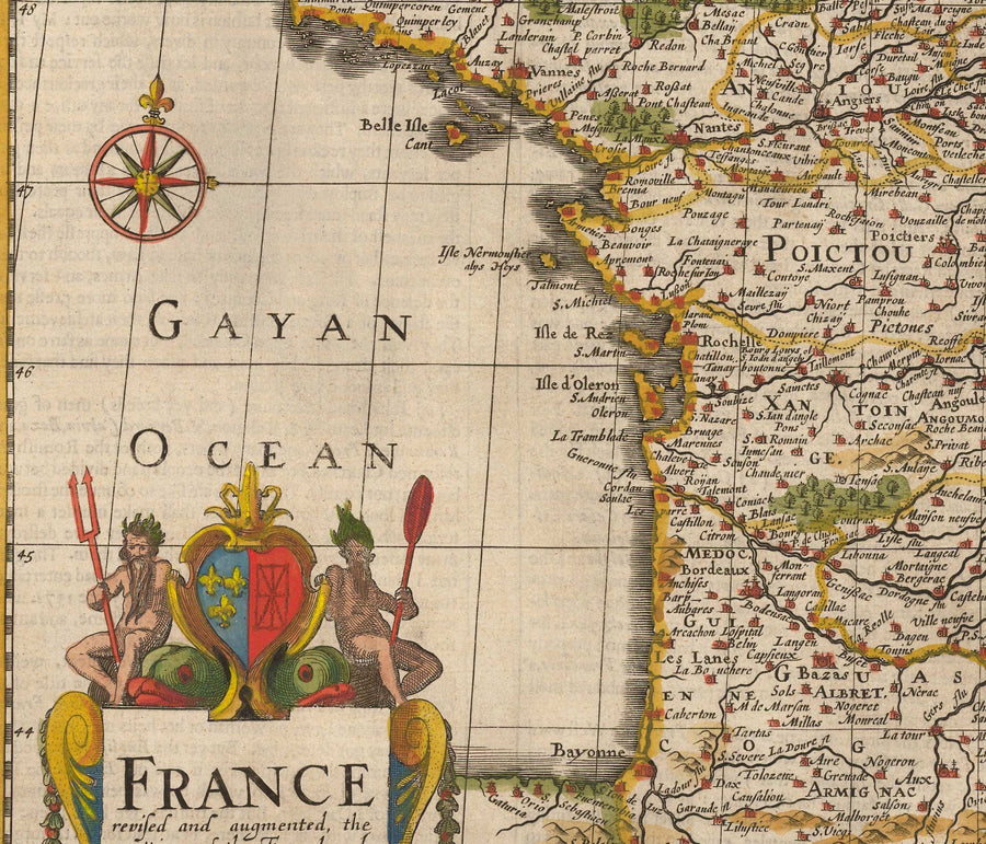 Mappa antica colorata a mano della Francia, 1627 di John Speed - Belgio, Normandia, Bretagna, Costa Azzurra, Pirenei 