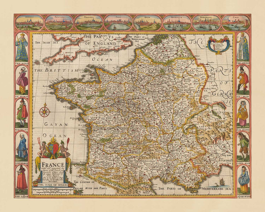 Mappa antica colorata a mano della Francia, 1627 di John Speed - Belgio, Normandia, Bretagna, Costa Azzurra, Pirenei 