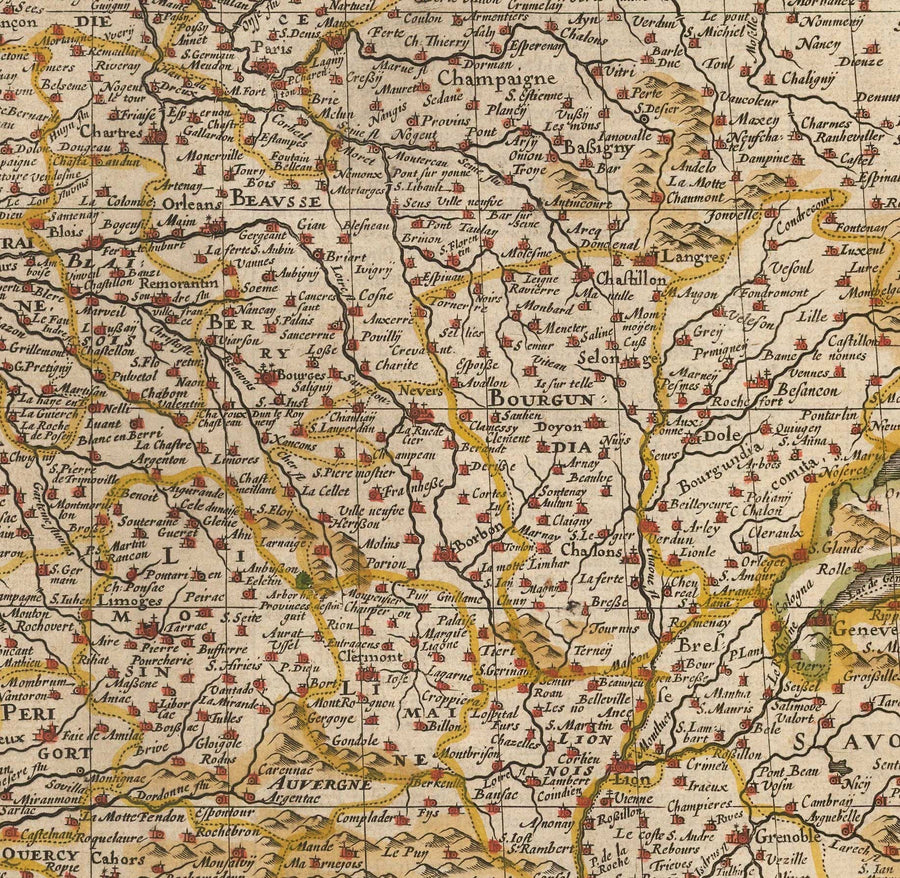 Mappa antica colorata a mano della Francia, 1627 di John Speed - Belgio, Normandia, Bretagna, Costa Azzurra, Pirenei 