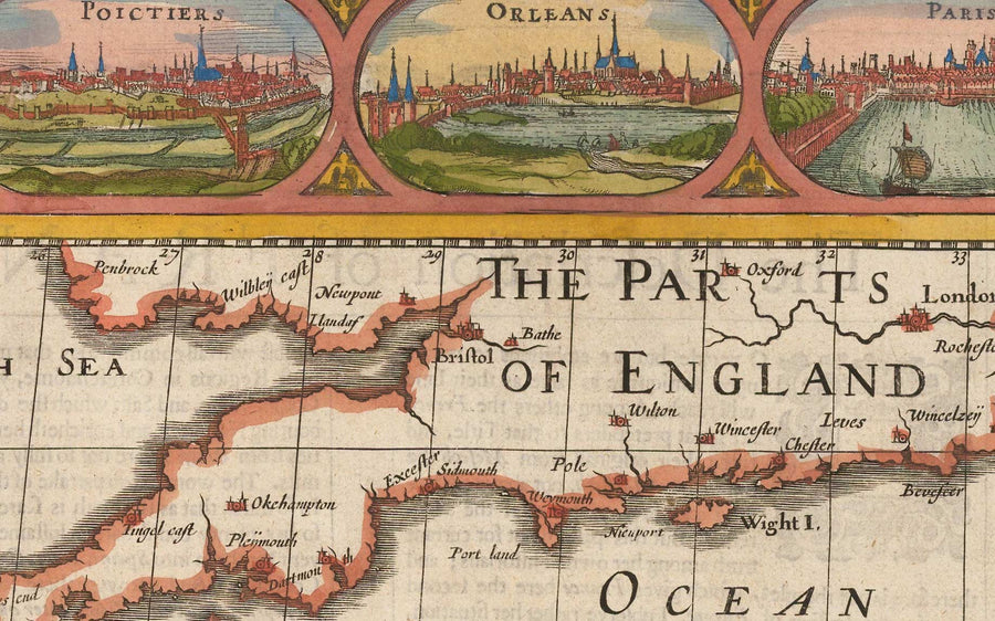 Mappa antica colorata a mano della Francia, 1627 di John Speed - Belgio, Normandia, Bretagna, Costa Azzurra, Pirenei 