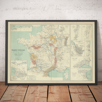 Mappa Antica delle Regioni Vinicole Francesi, 1924 - Bordeaux, Rodano, Champagne, Borgogna, Alsazia, Cognac 