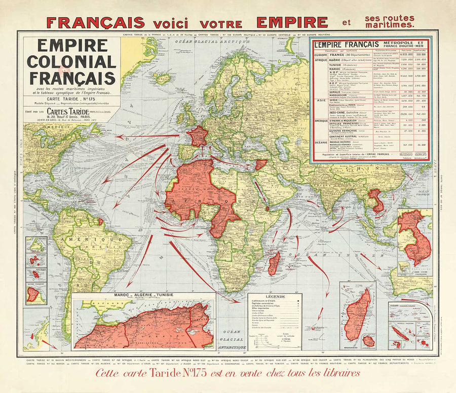 Antiguo Mapa del Imperio Colonial Francés, 1938 por Taride - Francia, Napoleón, África del Norte, Rutas Marítimas