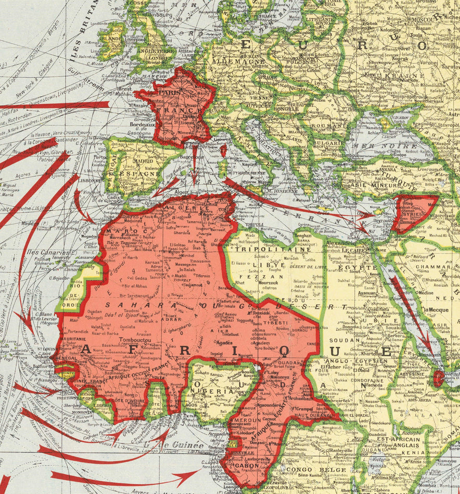 Antiguo Mapa del Imperio Colonial Francés, 1938 por Taride - Francia, Napoleón, África del Norte, Rutas Marítimas